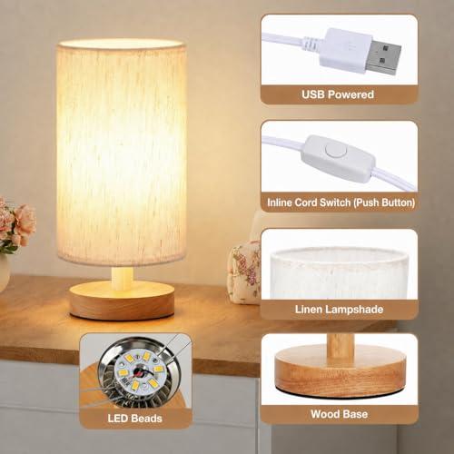 Image of XERGY USB Powered Wooden Base Table Lamp with Linen Fabric Shade | Modern Bedside Night Lamp | Warm White Soft Ambient Lighting | Compact Light for Bedroom, Living Room, Home Decor & Gifting