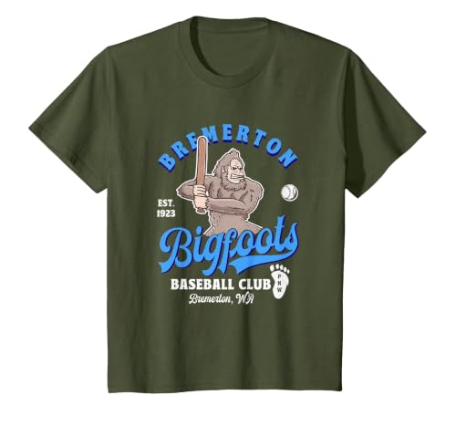 Funny Bigfoot Baseball Retro Minor League Baseball Team T-Shirt, Youth, Olive Green, 3T