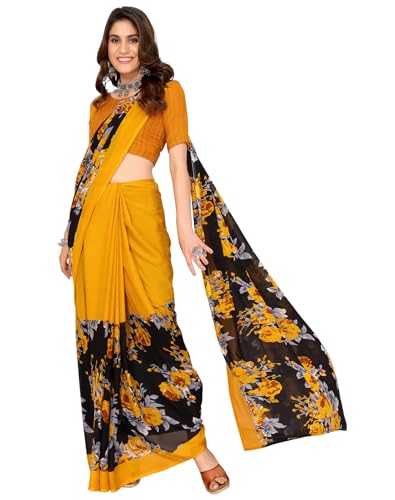 Sari georgette pour femme vêtement traditionnel jaune taille unique