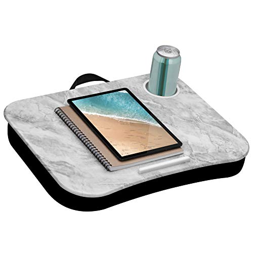 LapGear Cup Holder Lap Desk with Device Ledge - White Marble - Fits Up to 15.6 Inch Laptops - Style No. 46305