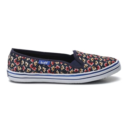Image of TUFF Women's Canvas Slip-On Sneakers, Navy and Red Floral Print, Rubber Sole, Casual Jutti,Bellies
