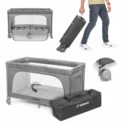 kidnort Grotta - Cuna de viaje plegable y compacta - Cuna de viaje y parque infantil desde el nacimiento hasta 15 kg, con ruedas, colchón y bolsa de transporte, entrada lateral con cremallera