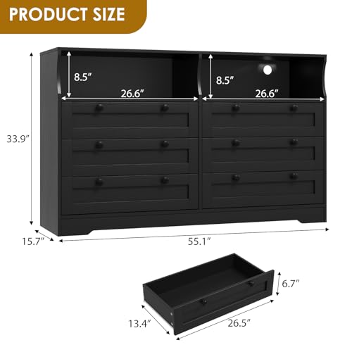 IDEALHOUSE 55" 6-Drawer Dresser for Bedroom – Wood Chest with Charging Station, LED Lights & 2 Storage Compartments, Modern TV Stand for Living Room & Hallway, Black by IDEALHOUSE - Used condition - Image 3