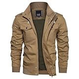 KEFITEVD Bomber Jacket Men Casual Cargo Military Pilot Jacket Cotton Trucker Coat Windbreaker with Pockets,Khaki,M