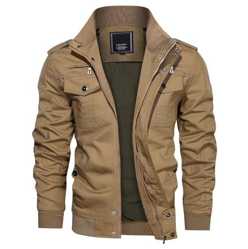 KEFITEVD Men's Pocket Jackets Outdoor Military Bomber Tactical Jacket Trucker Windbreaker Cargo Coat Khaki(Size: S)