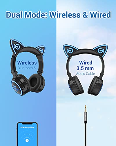 Mindkoo Cat Ear Bluetooth Headphones With Microphone, Led Light Up Over Ear Headphones, Volume Control And Foldable Headset For Tablet/Pc/Ipad/Cell Phones, Gift For Kids Boys & Girls #TOP4