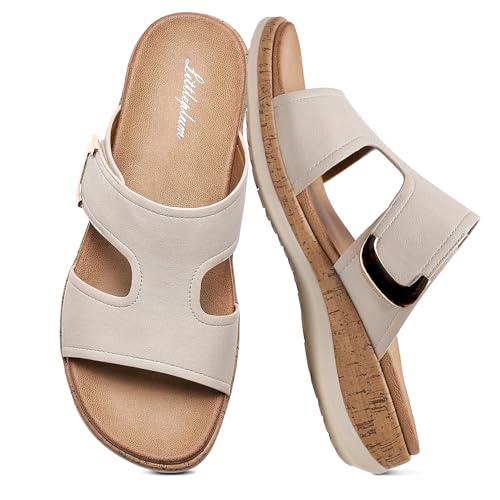 Littleplum - Littleplum Womens Sandals Arch Support Slides – Comfortable Flat Sandals for Women, Summer Breathable Flip-flops Walking Shoes for Beach,Travel Apricot Size 9 (60% Off Amazon Deal)