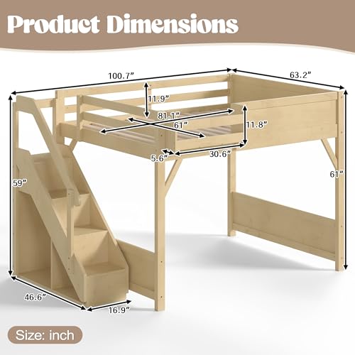 Image of KEIKI Solid Wood Queen Size Loft Bed Frame with Stairs, Built-in Wardrobe and Storage Space, Queen Loft Bed with Shelves, Queen-Length Guardrails, No Box Spring Needed for Bedroom, Natural