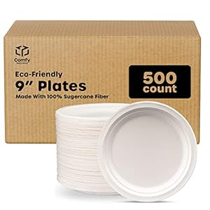 Comfy Package [Case of 500 100% Compostable 9 Inch Heavy-Duty Paper Plates Eco-Friendly Disposable Sugarcane Plates