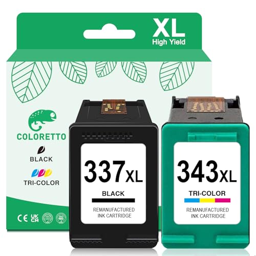 COLORETTO Cartucho de Tinta Remanufacturado para HP 337 XL 343 XL 337XL 343XL Compatible con Photosmart 2500 2570 2573 2575 C4140 C4150 Officejet 6300 6310 6315 Deskjet D4160 5940 (1 Negro,1 Tricolor) ✅