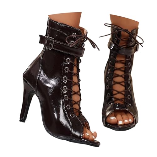 MODSGUE Botas de baile para mujer Zapatos de baile latinos con cordones tacón alto Salsa Bachata Salón de Baile Suela de Goma Verano Cómodo Latino Dance Botines Botines, marrón, 39