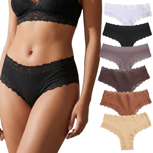 Image of Mikloven 6 Pack Women Cotton Brazilian Knickers Low Rise Ribbed Lace Trim Ladies Underwear Multipack - Breathable Cotton Knickers Stretch Comfort Everyday Wear Panties Petite Waist(Size M)