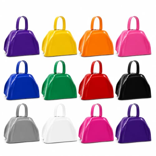 The Dreidel Company Assorted Color Metal Cowbell Noisemaker Cheering Bell, New Years, School Classroom, Wedding Bells & Chimes Percussion Musical Instruments Call Bell Alarm, 3" (12-Pack)