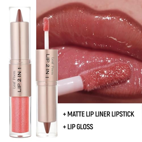 Image of BAISEN DIARY 2-in-1 Double-Ended Matte Lip Liner & Lip Gloss Duo, Cool Nude Brown Ombre Lip Combo Pencil, Lip Liner and Lipstick Gloss Set for Defined & Fuller Looking Lips, #01 Cool Nude Brown