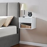 BuildHom Mesita de noche flotante con cajón estriado, mesita de noche pequeña para TV para dormitorio (blanco mate)