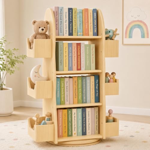 Small Rotating Book Shelf for Toddler Room 4 Tier Wood Swivel Bookcase