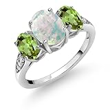 Gem Stone King 10K White Gold White Simulated Opal Green Peridot and White Lab Grown Diamond 3 Stone Engagement Ring For Women (2.04 Cttw, Gemstone Birthstone, Available In Size 5, 6, 7, 8, 9)