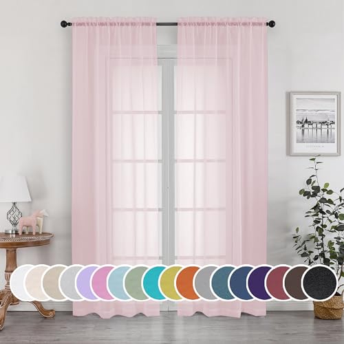 Image of OWEINE Sheer Curtains 90 Inches Long 2 Panels Set, Light Filtering Fimly Voile Solid Blush Window Curtain Panels for Living Room Bedroom, Soft Voile Sheer Curtains & Drapes, Total 84 Inches Width