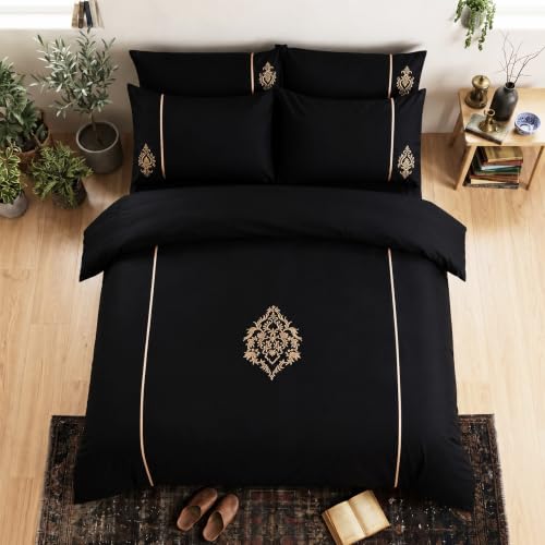 Image of Embroidered Premium Bedsheet Set | 300 TC 100% Cotton 1 Queen Bedsheet Set | Extra Smoothness with Sateen Weave| Damask Black Bedsheet Set (1 Flat Sheet + 2 Pillow Cases)