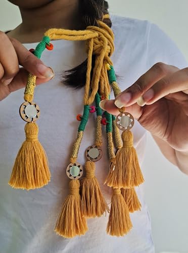 Image of Zippy Flora Handmade Boho Parandi / Paranda Traditional Hair Accessory for Women & Girls | Ethnic Braided Hair Tassels, Choti Hair Extension, Decorative Braid Jewelry for Festive & Wedding Hairstyles (Neelima Mustard)