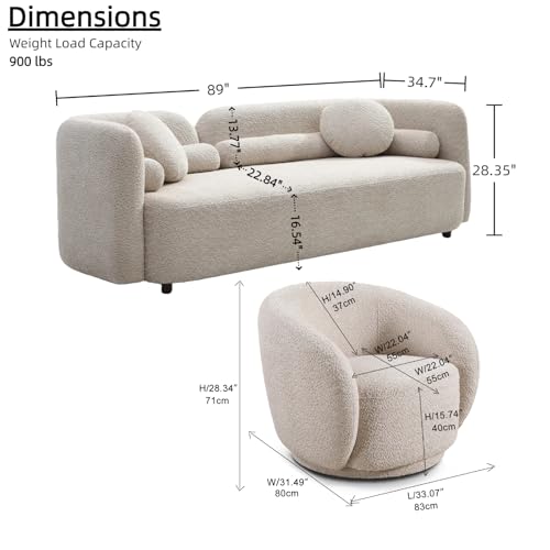 Image of Modern Curved Sofa Sets for Living Room Furniture, 3 Seater Couch + Swivel Barrel Chair Curved Back Boucle Fabric Solid Wood Frame Single Sofa Chair With 4 Pillows Curve Sofa 2 Piece Sofa Set