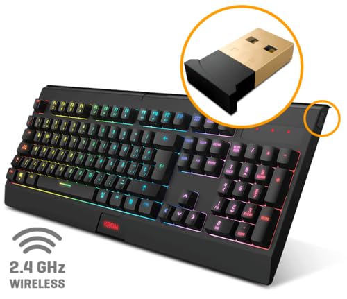 KABALA - Kit tastiera a membrana senza fili retroilluminata RGB Rainbow, 6 tasti anti ghosting, mouse ottico senza fili a 6 livelli DPI 800-4800 al volo, compatibile con PC, layout spagnolo, nero - Tastiera gaming - Immagine 1
