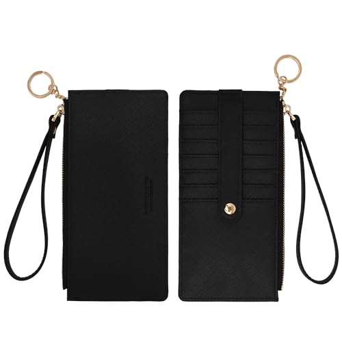 Wristlet Slim Credit Card Wallet Holder Change Pouch, Keychain Wallet RFID Blocking Business Cards Cases with Zipper Pocket for Cash, Coin, Receipt, ID Card (Black)