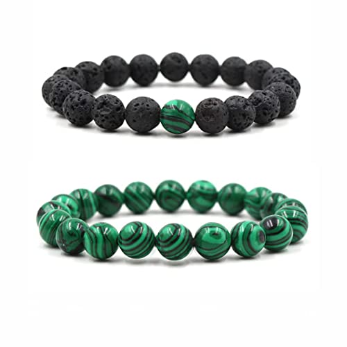 Branets Juego de 2 pulseras de piedra de lava y malaquita de 8 mm de distancia, pulsera de yoga de energía, ajustable, para parejas, joyería para mujeres y hombres