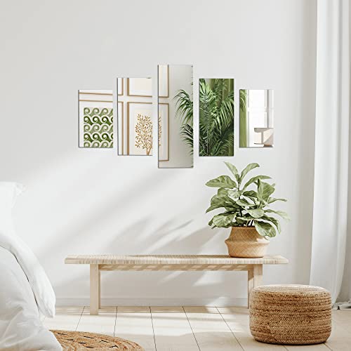 Americanflat 5Pcs Set Adhesive Mirror Tiles - Art Deco Panorama Design - Peel And Stick Mirror Tiles For Wall - Real Glass Frameless Mirror For Bedroom And Living Room Décor #TOP3