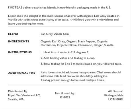 Fire Teas Earl Grey Vanilla Spice Tea - Organic Earl Grey, Clove, Vanilla, Black Pepper, Cardamom, Cinnamon, Ginger - Anti Oxidant Rich, Naturally Sweet & Spicy, Bergamot Oil Coated, Keto Friendly- Made In Usa #TOP1