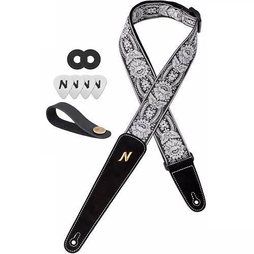 Nefelibata Guitar Strap Cotton, 2 Inch Guitar Straps with Extended Soft Black Suede Leather End for Acoustic Guitar, Electric Guitar, Bass, Gift for Guitarists