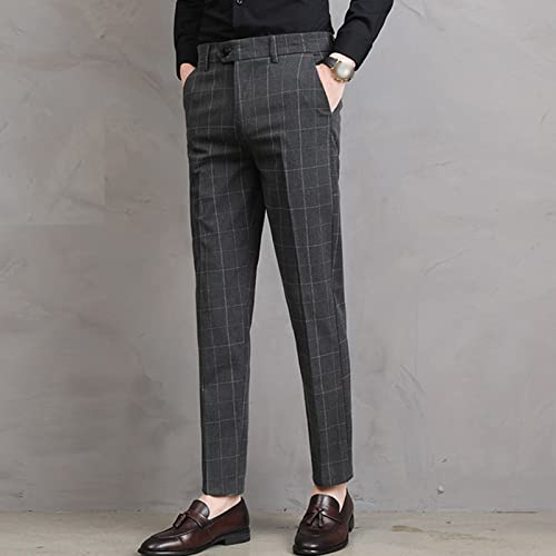 Maiyifu-Gj Men's Plaid Business Comfort Pant Casual Straight Fit Tapered Suit Pant Classic Lightweight Loose Fit Trousers (Dark Grey,28) #TOP4