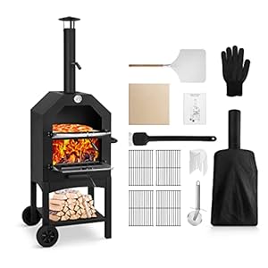 EDOSTORY Outdoor Pizza Oven, Wood Fired Pizza Oven for Outside, Patio Pizza Maker with Pizza Stone, Pizza Peel, Grill Rack, and Waterproof Cover for Backyard Camping
