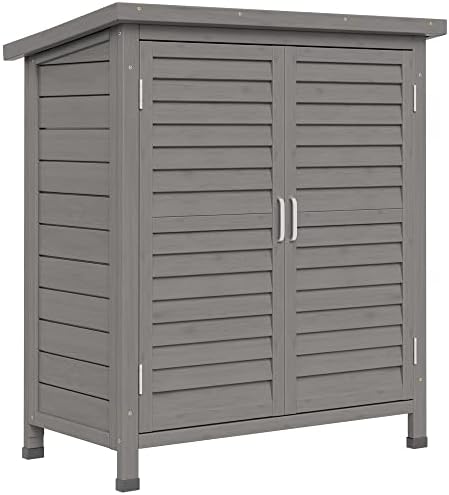 Outsunny Garden Shed Wooden Garden Storage Shed 2 Door Unit Solid Fir Wood Garage Tool Organisation Cabinet, 87L x 46.5W x 96.5Hcm, Grey