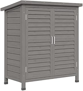 Outsunny Garden Shed Wooden Garden Storage Shed 2 Door Unit Solid Fir Wood Garage Tool Organisation Cabinet, 87L x 46.5W x 96.5Hcm, Grey