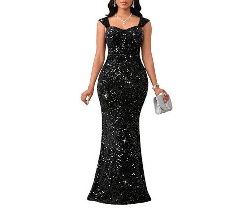 dasmzper Women Sexy Sequin Off Shoulder Bodycon Evening Maxi Dress Black