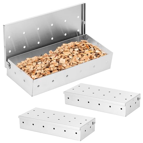 Smoker Box for Gas Grilling, 3Pcs Stainless Steel Smoke Box for Gas Grill w Convenient Hinged Lid, Wood Chip Smoker Box for Gas Grill and Charcoal Grill Accessories, Add Smoked BBQ Flavor, Easy to Use