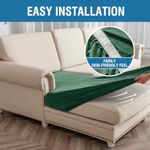 Image of Couch Cover 8-Piece Elastic Velvet Couch Cushion Covers & Chaise Slipcovers for L-Shaped Sofas, Sofa Seat Covers Washable, Soft Cover for Couches (7 Seater + Chaise, Christmas Green)