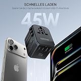 Epicka Uniwersalny adapter podróżny PD Fast Charge, 45 W, szybkie ładowanie, adapter podróżny z 3 portami USB i 2 USB C, uniwersalny do UE, USA, UK, Tajlandii, Australii, adapter podróżny 105S