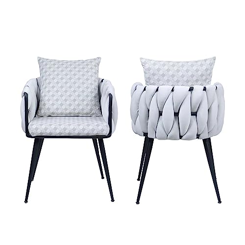 Nolohoo Mid-Century Modern Dining Chairs Set Of 2, Handmade Woven Kitchen Chairs, Upholstered Velvet Armrest Chairs With Metal Legs For Dining Room, Living Room, Beige #TOP7