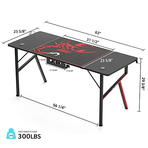 Designa Gaming Computer Desk 63 Inch, Large Home Office Study Writing Computer Desk, K-Frame Gaming Table With Handle Rack Cup Holder Headphone Hook Mouse Pad & Socket Box, Black #TOP2