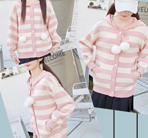 Women Kawaii Sweater Striped Hooded Cardigan with Pom Poms4