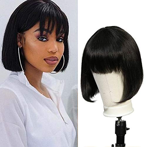 Joedir 20cm Gerade kurze Bob Perücke mit Pony Brasilianische Glatte Echthaarperücken Keine Lace Front Perücken Echthaar Maschinengefertigte Bob Perücken für Damen 130% Dichte (Schwarz) Cover