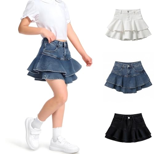 Girls Mini Denim Skirt Y2K Ruffle Pleated Jean Skirts Cute Elastic High Waist Washed Skort Casual A-Lined Vinatge Skorts Fashion Button Pockets Clothes (White, 8-9 Years)