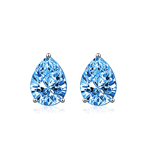 Image of wynn's Silver Stud Earrings for Women, White Gold Studs Earrings, Silver Teardrop Cubic Zirconia Stud Earrings, Hypoallergenic Earrings for Girls Jewellery Gift Christmas, Blue