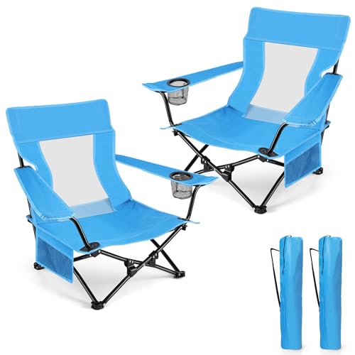 Image of HaSteeL Folding Beach Chair Set of 2, Foldable Blue Camping Chairs for Outside, Low Beach Chair Portable for Adults Fishing, Picnic, Outdoor BBQ, Travel, Sports, Cup Holder & Storage Bag