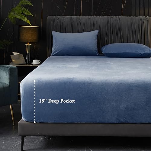 Ivellow Velvet Fitted Sheet King Size, 1 Pack Luxury Blue Velvet Sheets with 18” Extra Deep Pocket King Fitted Sheet Only Extra Soft Flannel Bed Sheets Cozy Warmth Plush Bottom Sheets No Pillowcases