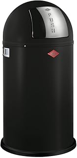 Wesco Pushboy Mülleimer in der Farbe mattschwarz, pulverbeschichtetes Stahlblech, 50 Liter Volumen, große Edelstahlklappe, herausnehmbarer Innenbehälter
