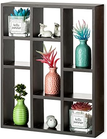 Sziqiqi 9 Compartments Wood Floating Shelves - Small Hanging Display Shelf for Crystal Seashell Vintage Wall Mounted or Freestanding Multi-Slot Storage Shelving Unit for Bedroom Living Room, Brown