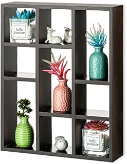 Sziqiqi 9 Compartments Wood Floating Shelves - Small Hanging Display Shelf for Crystal Seashell Vintage Wall Mounted or Freestanding Multi-Slot Storage Shelving Unit for Bedroom Living Room, Brown
